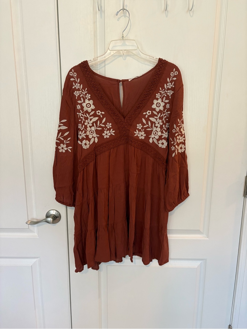 miami Rust Long-Sleeve Boho Embroidered Tunic Dress